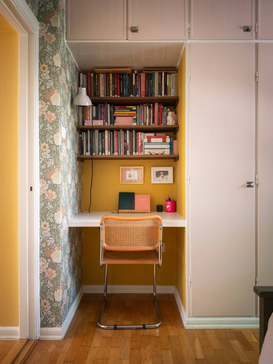 Best of 2024: Home Offices 18 small home office with yellow walls shelves and floating desk nordroom