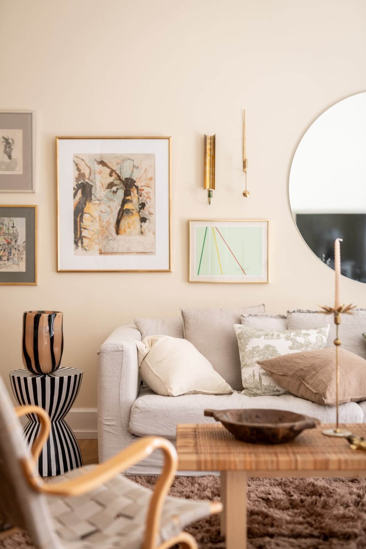 cozy beige living room with artwork