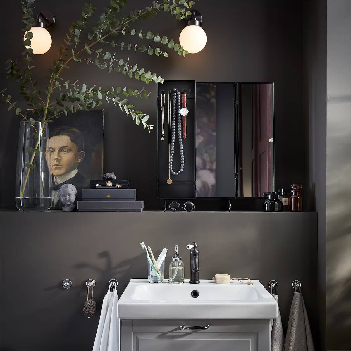 Moody, not Gloomy! Beautiful Dark Small Bathrooms 18 dark gray bathroom with vintage art nordroom