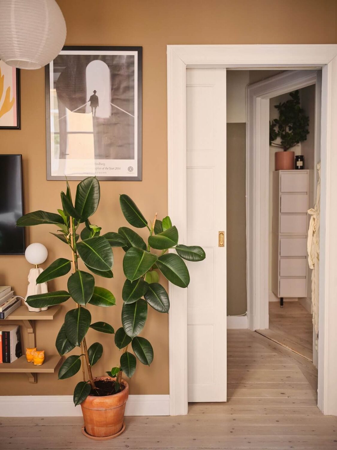 A Small Apartment with Calm Brown, Green, and Yellow Walls 4 light brown walls living room