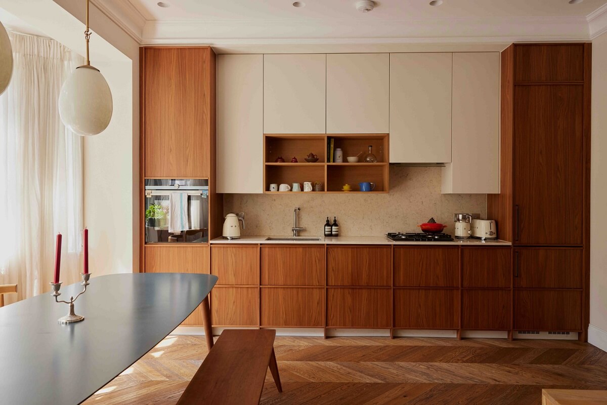 modern wooden kitchen with white upper cabinets nordroom