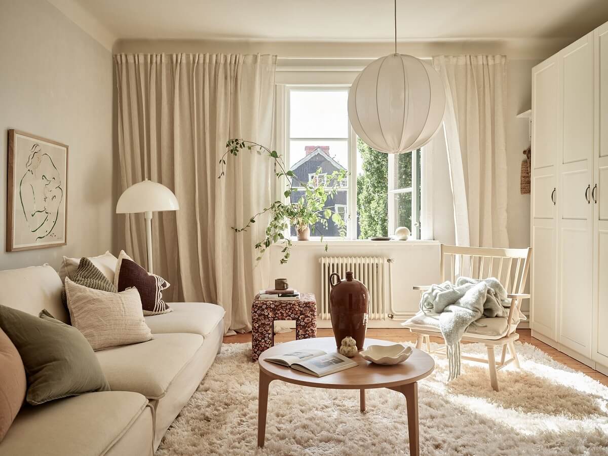serene living room with large rug