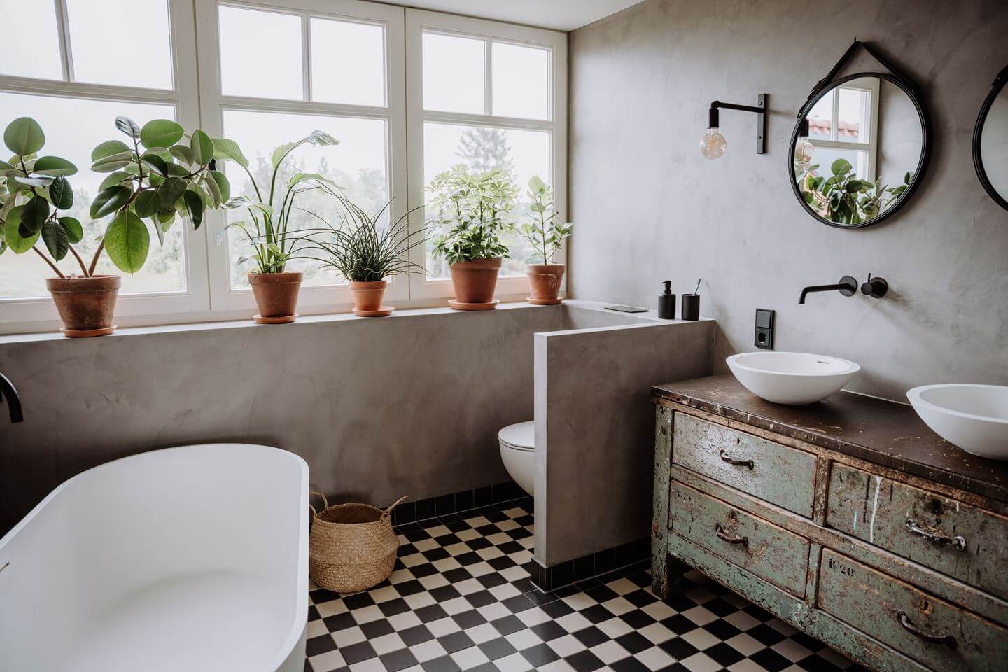 Historic Charm in a New Country House in The Netherlands 21 bathroom checkerboard floor rustic vanity