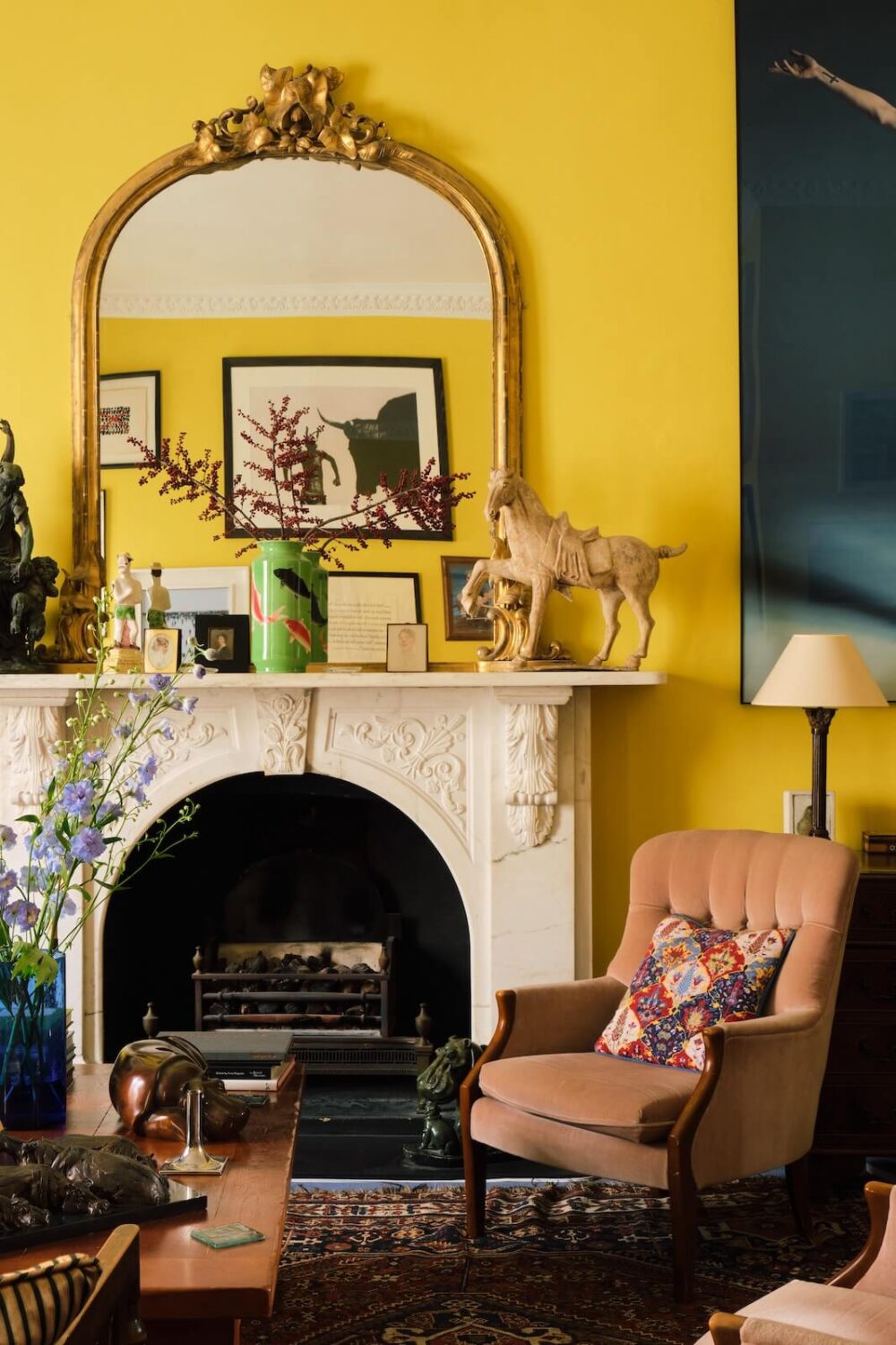 Dulux Colour of the Year 2025: True Joy 41 bright yellow living room in period home with fireplace and gilded mirror nordroom
