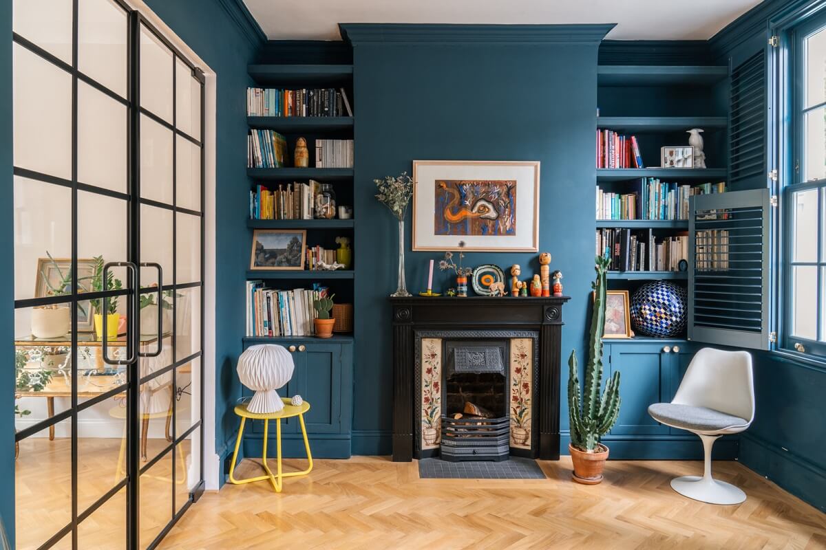 A Dark Blue Living Room in a Historic London Home 1 dark blue living room with fireplace
