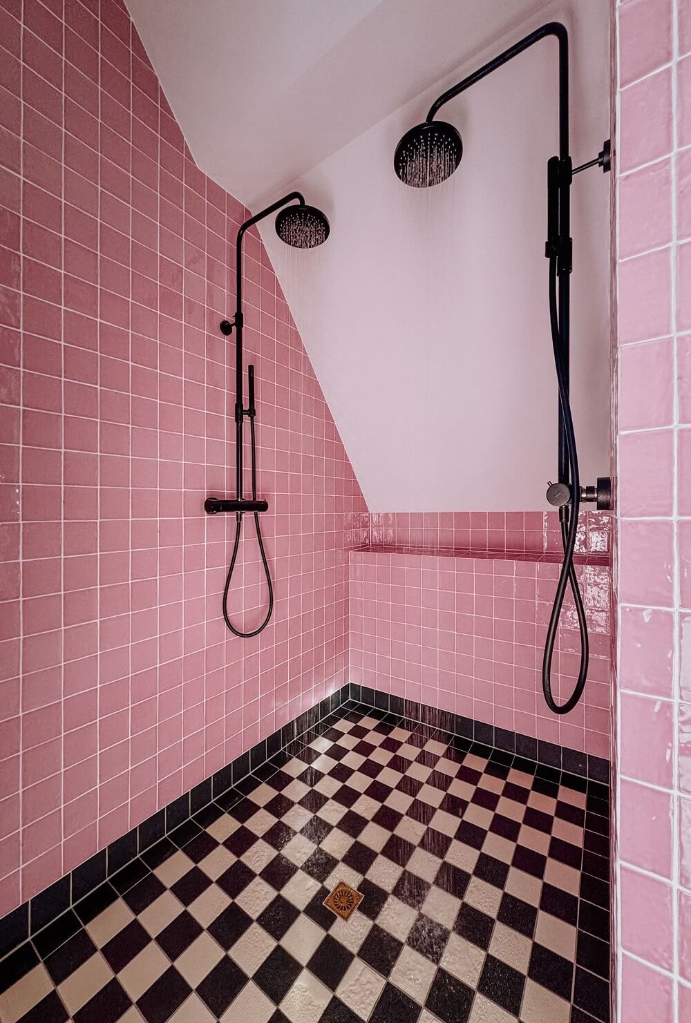 Historic Charm in a New Country House in The Netherlands 23 double shower with pink tiles and checkerboard floor nordroom