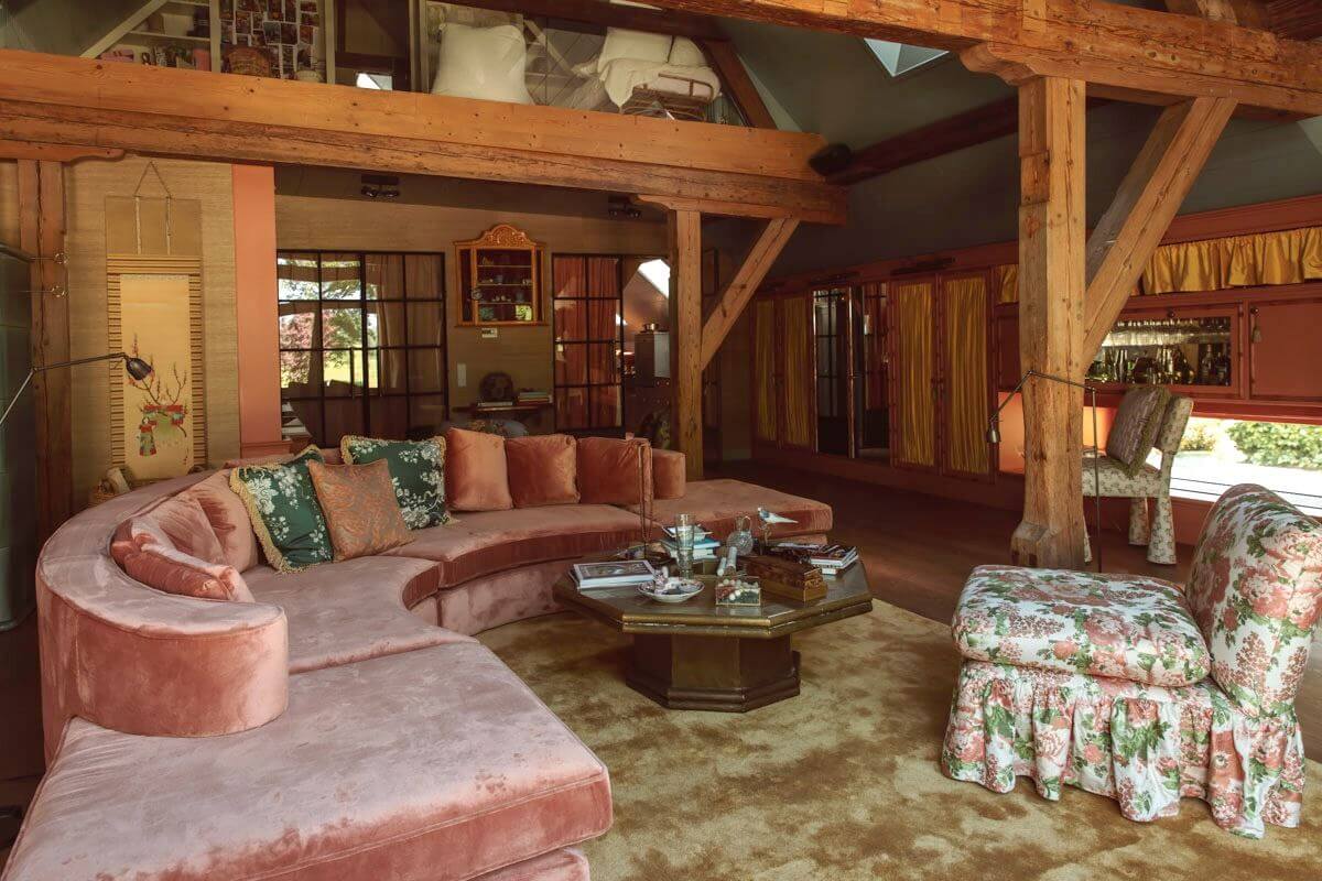 Best of 2024: Living Rooms 40 round pink sofa living room pitched ceiling wooden beams