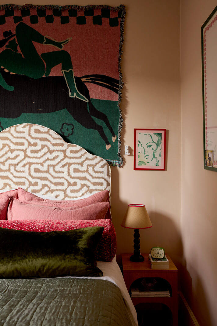 A Beautiful Color Palette in a Victorian London Apartment 11 bedroom setting plaster farrow and ball walls graphic headboard