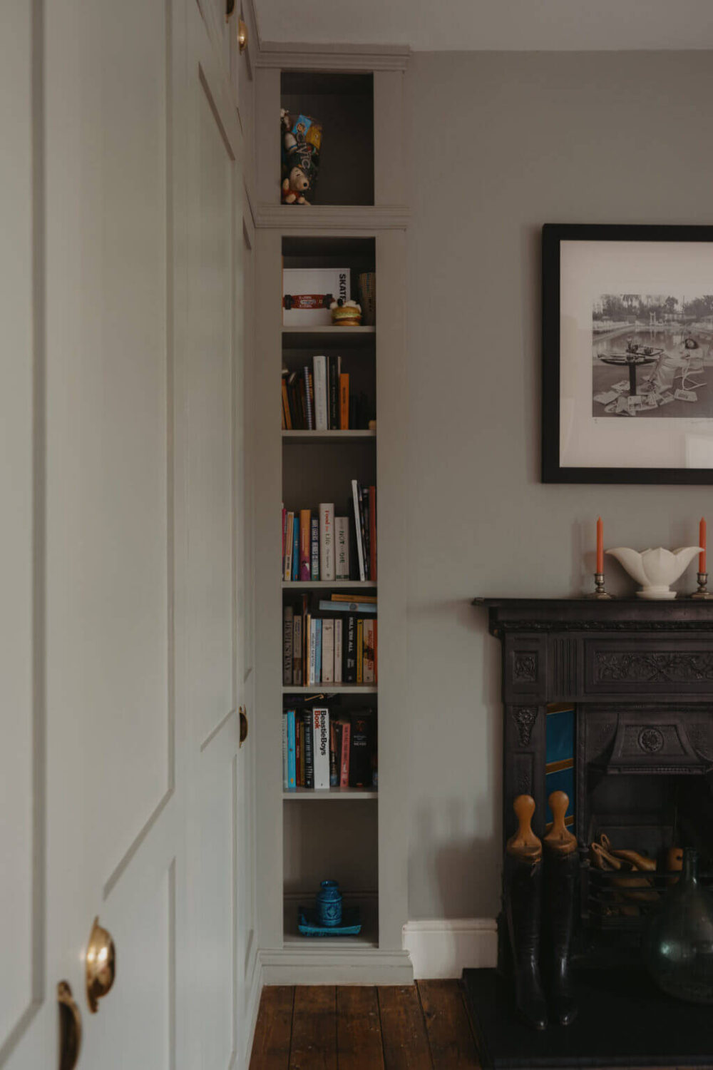 Original Details and a Modern Extension in a London House 19 gray bedroom little bookshelves niche