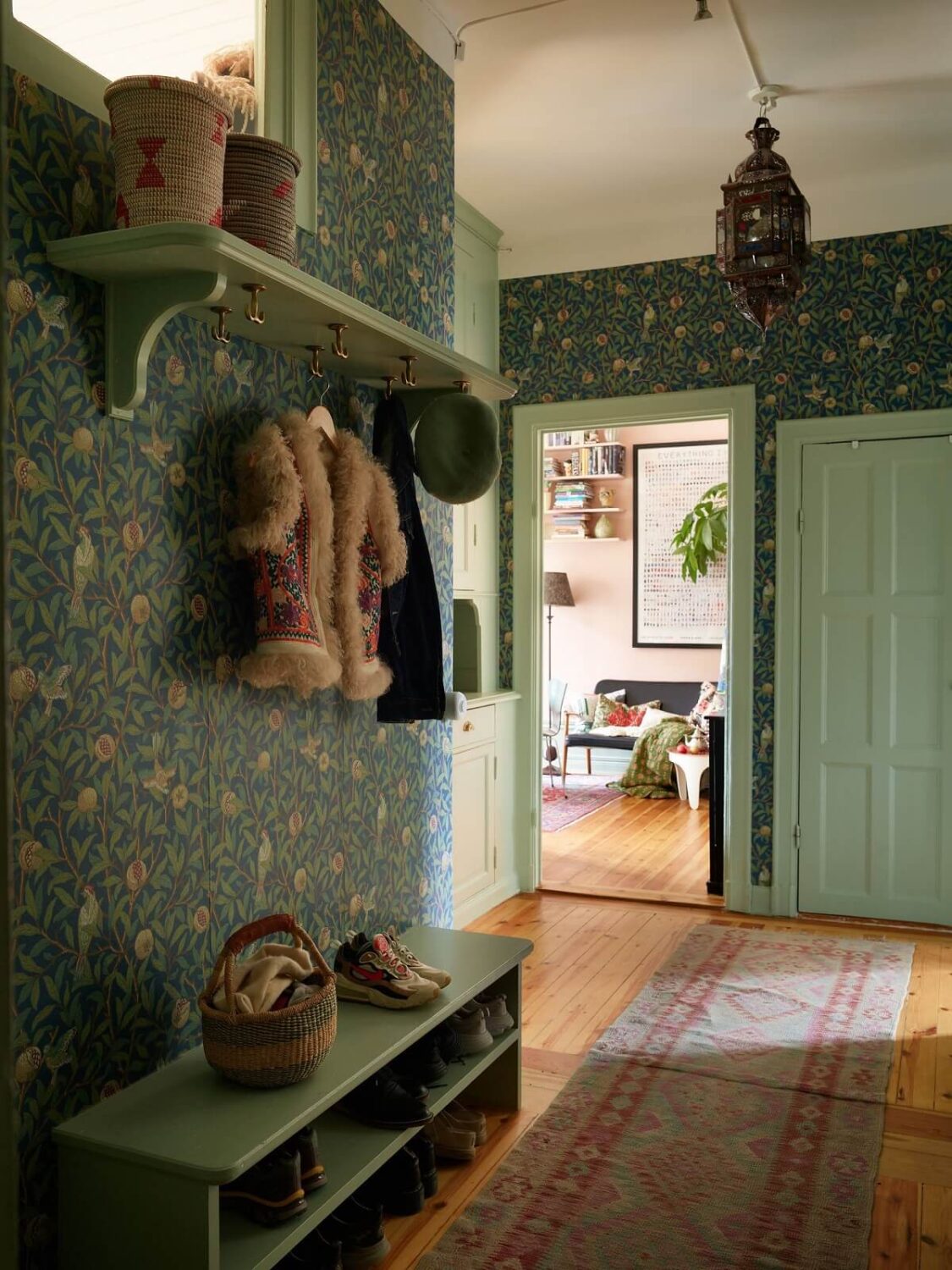 Pink and Green Rooms and Charming Wallpapers in a Family Apartment 37 green hallway william morris Bird & Pomegranate wallpaper nordroom
