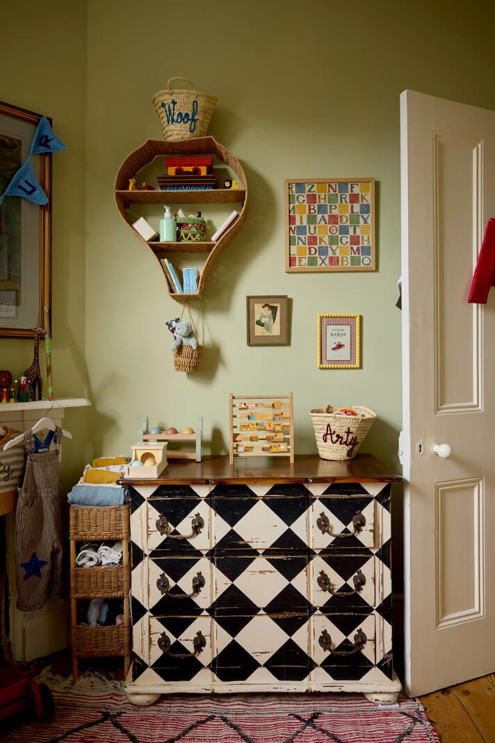 A Beautiful Color Palette in a Victorian London Apartment 14 green nursery with checkerboard cabinet nordroom