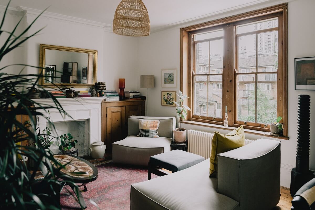 Period Details in a Cozy London Apartment in a Victorian Tenement Building 1 living room with large windows