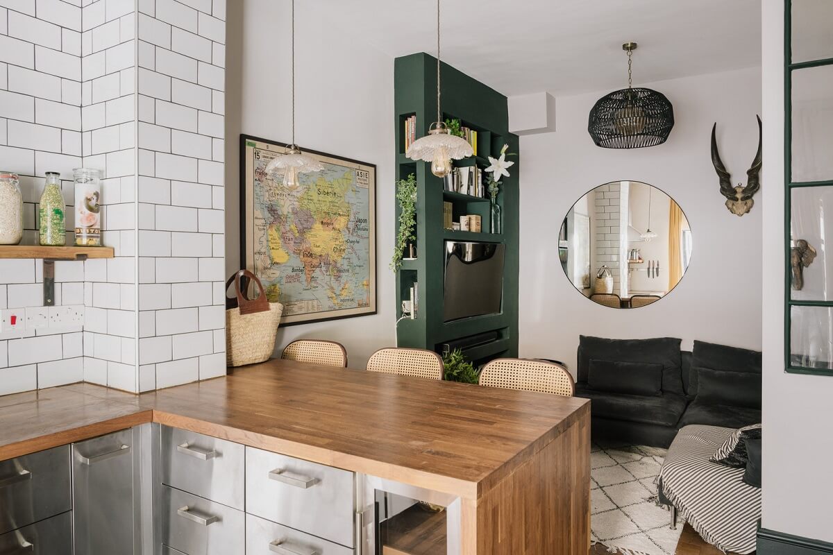A Charming One-Bedroom Apartment with a Courtyard Terrace 1 open plan living room kitchen with stainless steel cabients