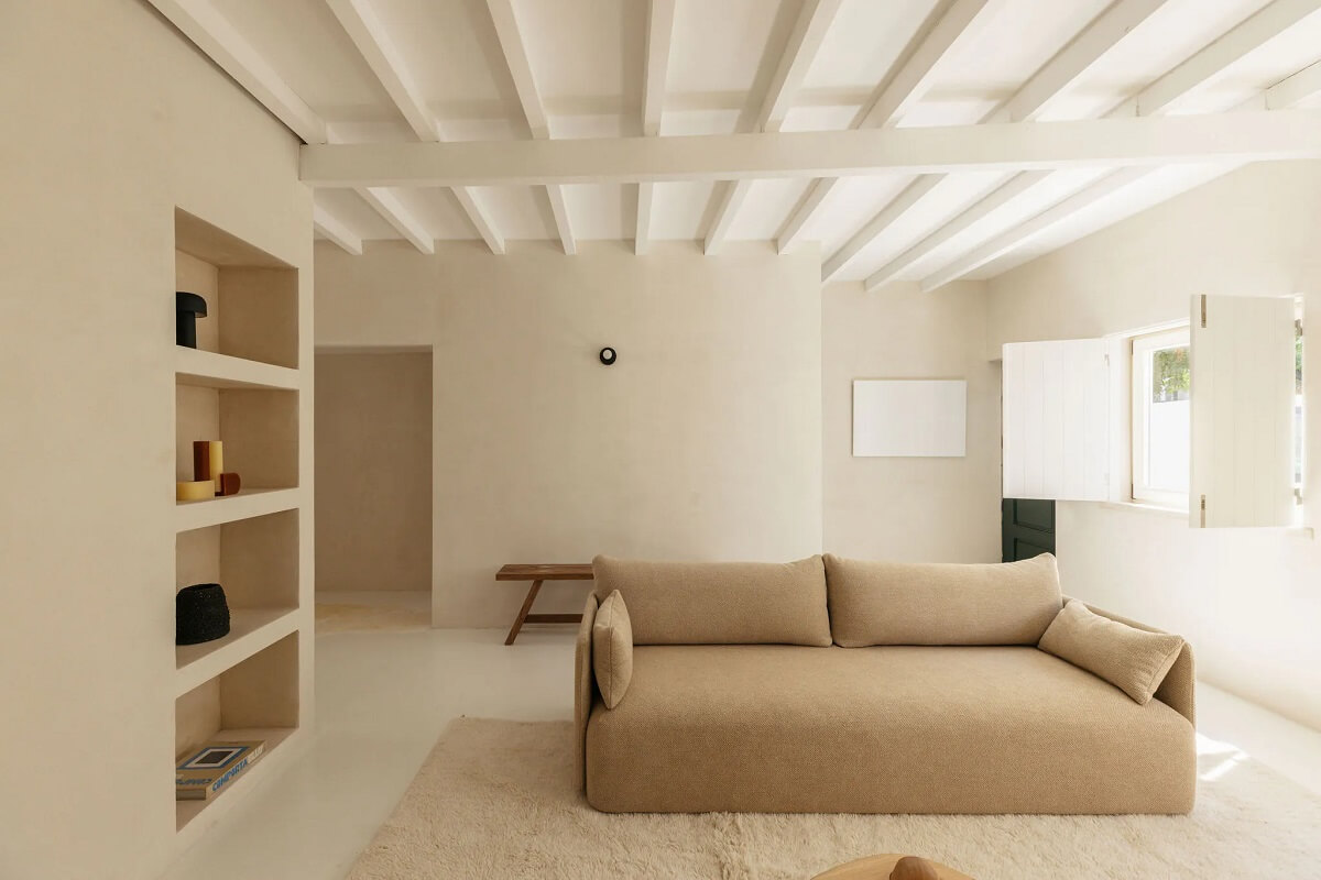 A Serene Minimalistic Townhouse in Portugal 1 serene living room wooden ceiling