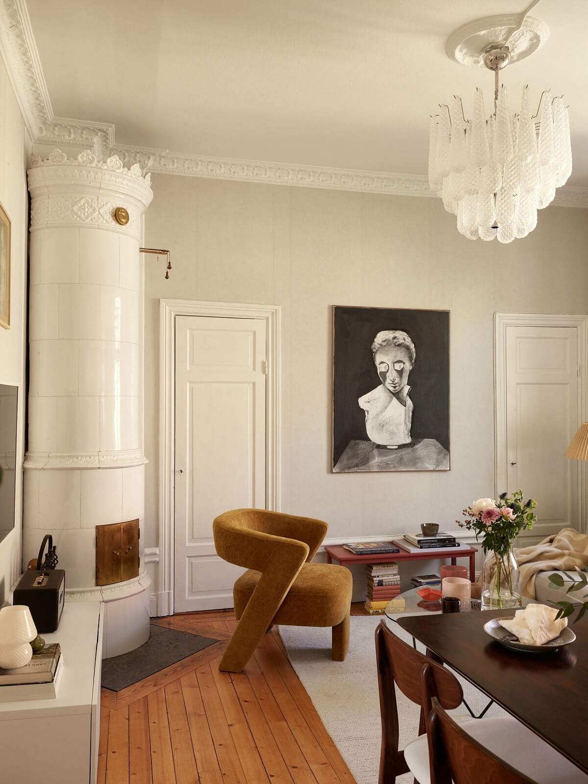 wooden floorboards living room yellow chair