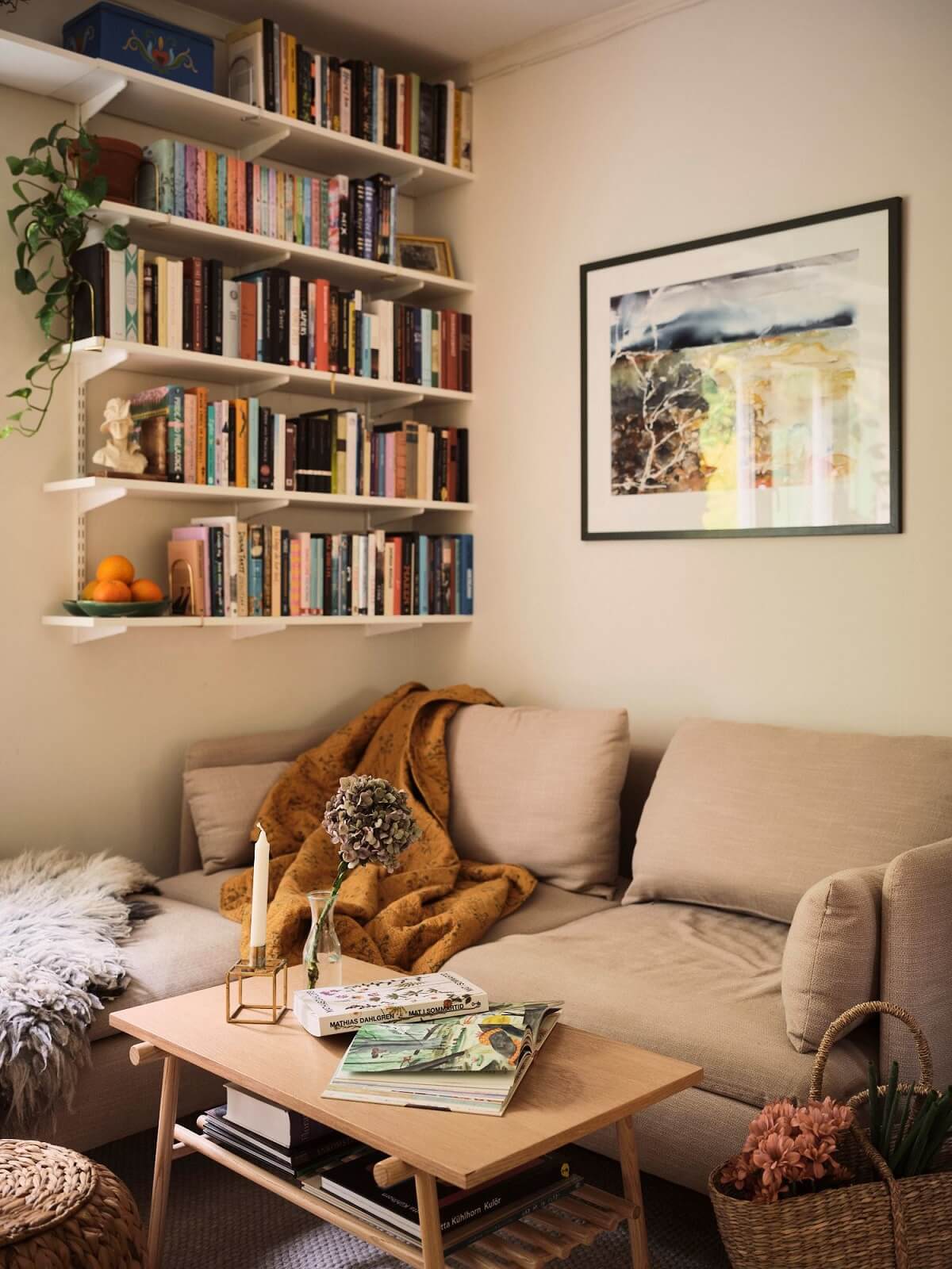 bookshelves in small neutral living room