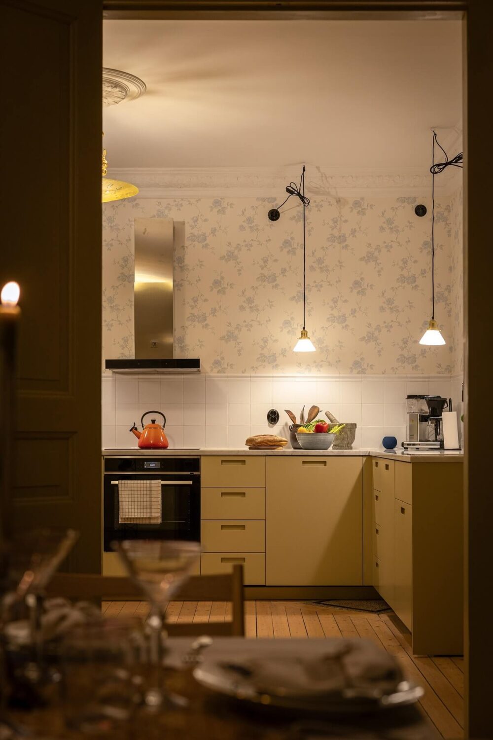 A Stately Apartment with Period Details and Wallpapers 6 kitchen evening light