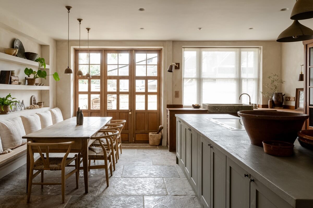 kitchen flagstone floor dining table with built in bench