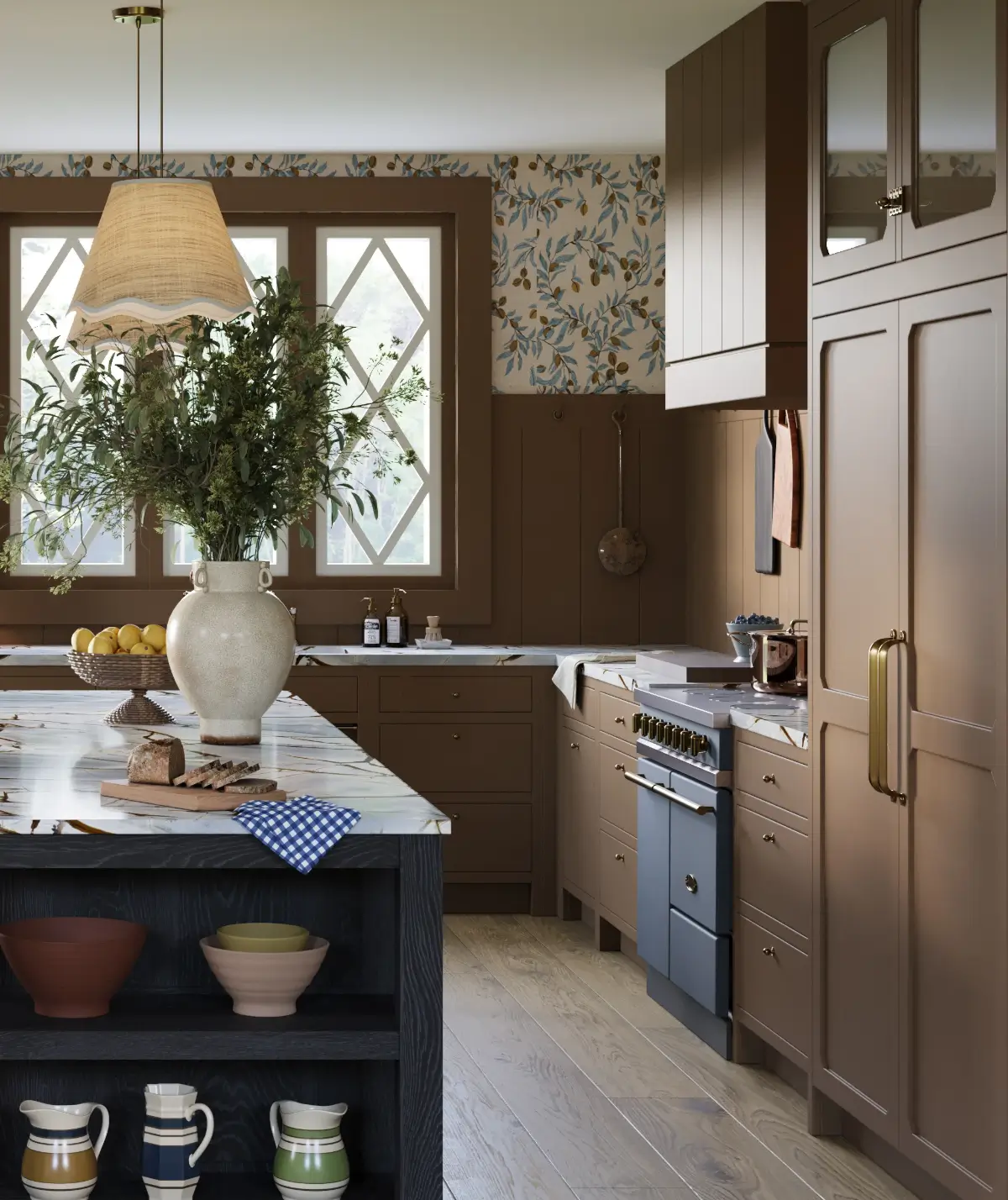 Best of 2024: Kitchens 8 mocha mousse kitchen with katherine pecan wallpaper isla porter the misfit house nordroom