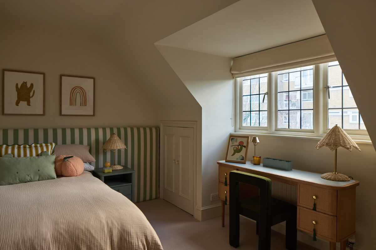 Best of 2025: Children's Rooms 29 bedroom striped green headboard desk under dormer window