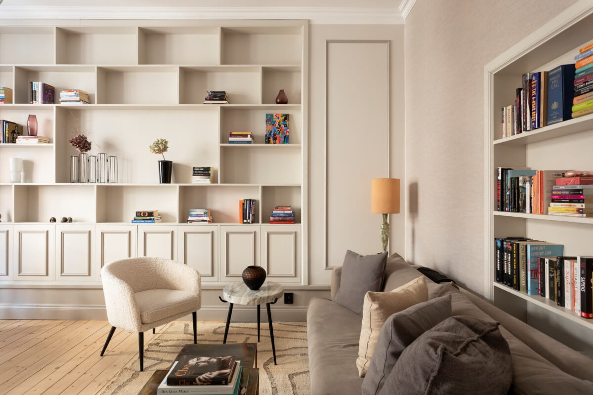 A Stylish Two-Bedroom Apartment in Stockholm 1 built-in cabinets living room wooden floor
