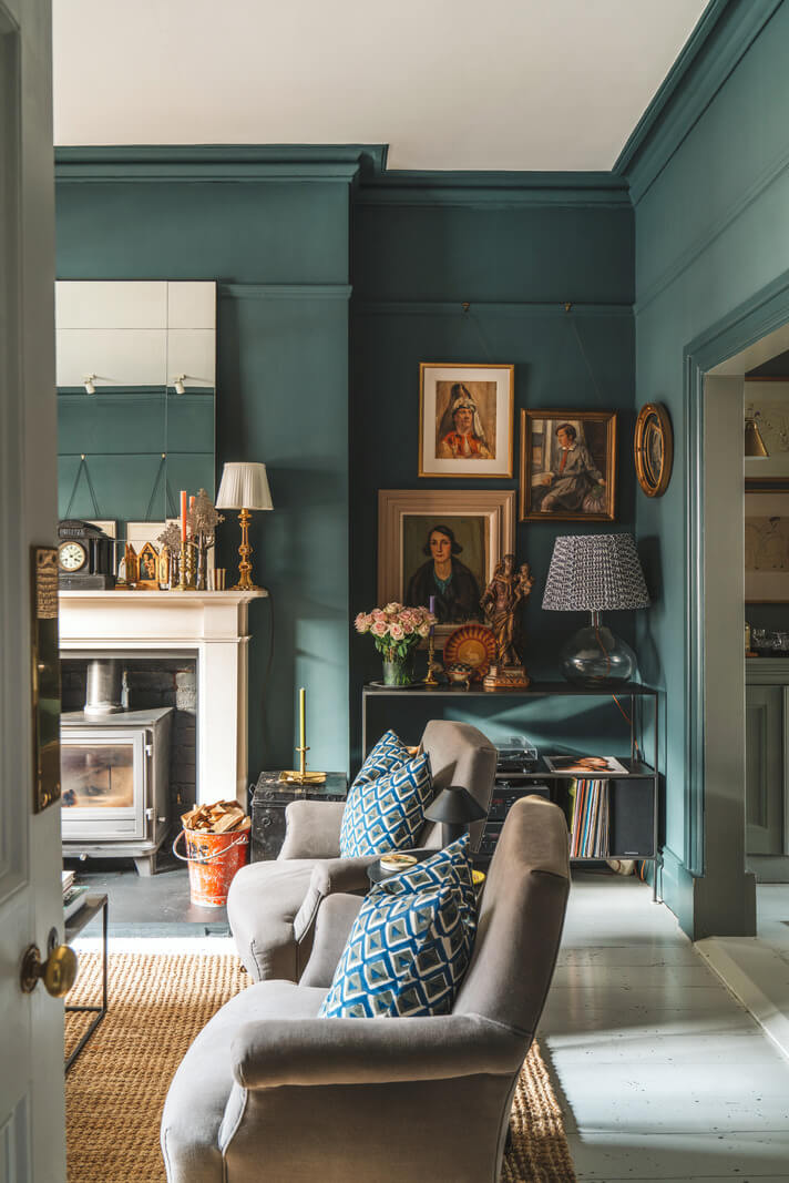 A Renovated Georgian Townhouse with a Stunning Kitchen Extension 3 dark blue living room with fireplace