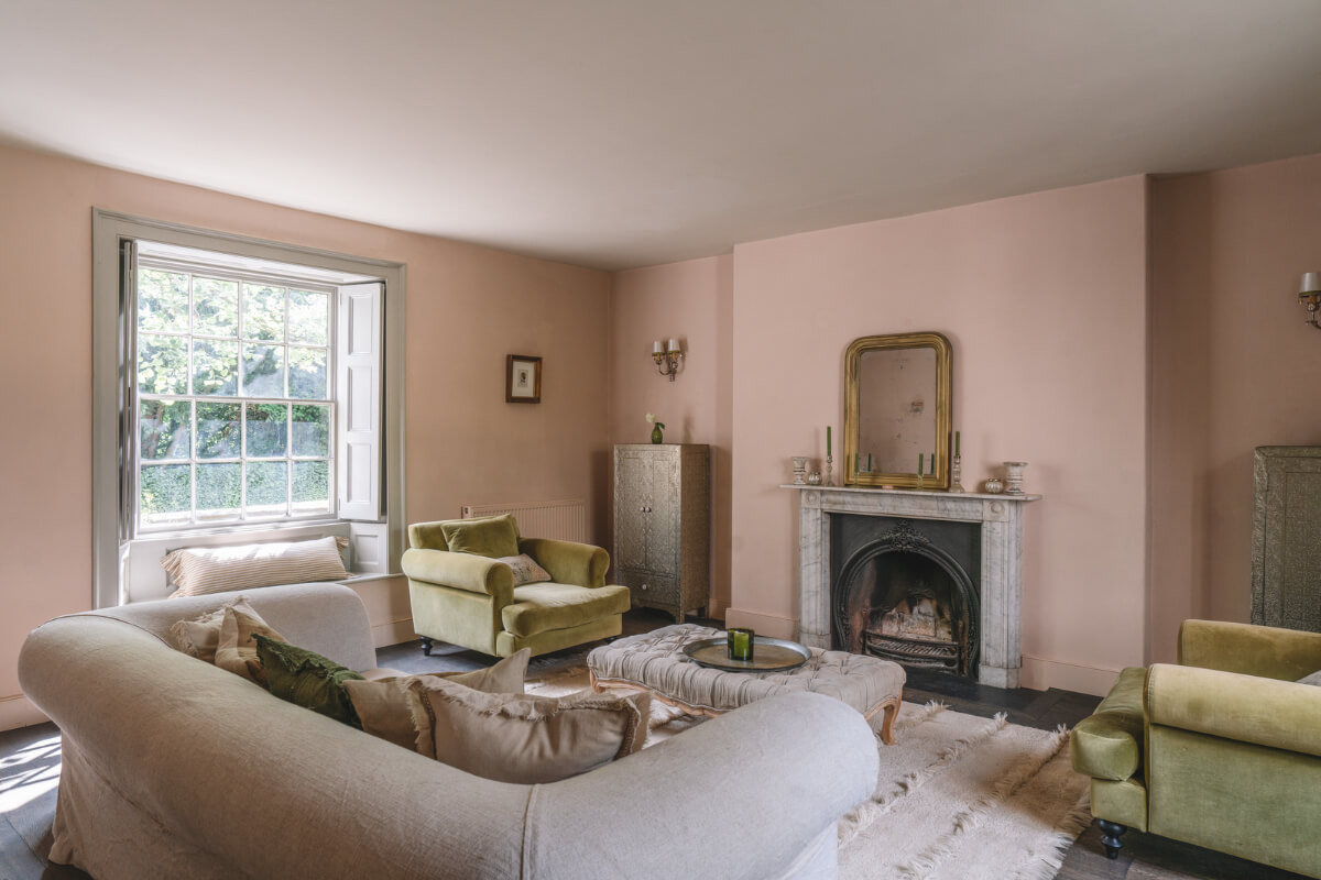 A Beautiful Renovated Country House in England 1 pink living room marble fireplace