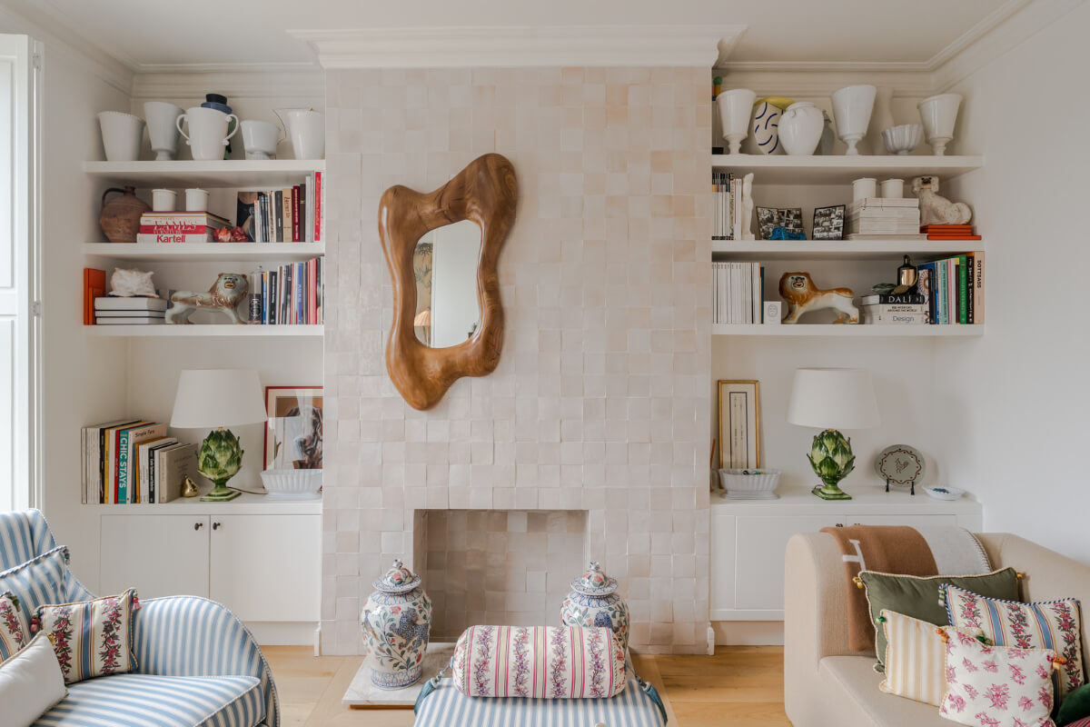 Cozy Contemporary Spaces in a Light-Filled Victorian Apartment 5 pink zellige tiles fireplace mantel