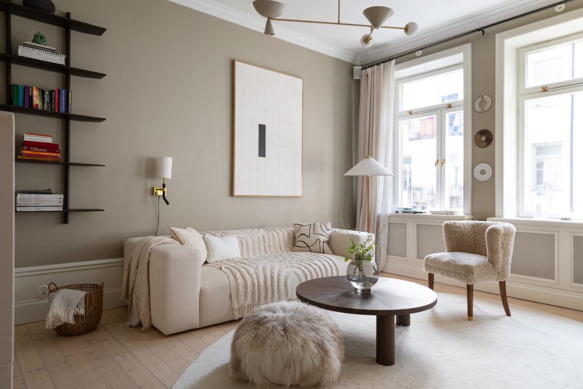 A Calm, Neutral Color Palette in a Classic Swedish Apartment 2 scandi living room wooden floor large windows