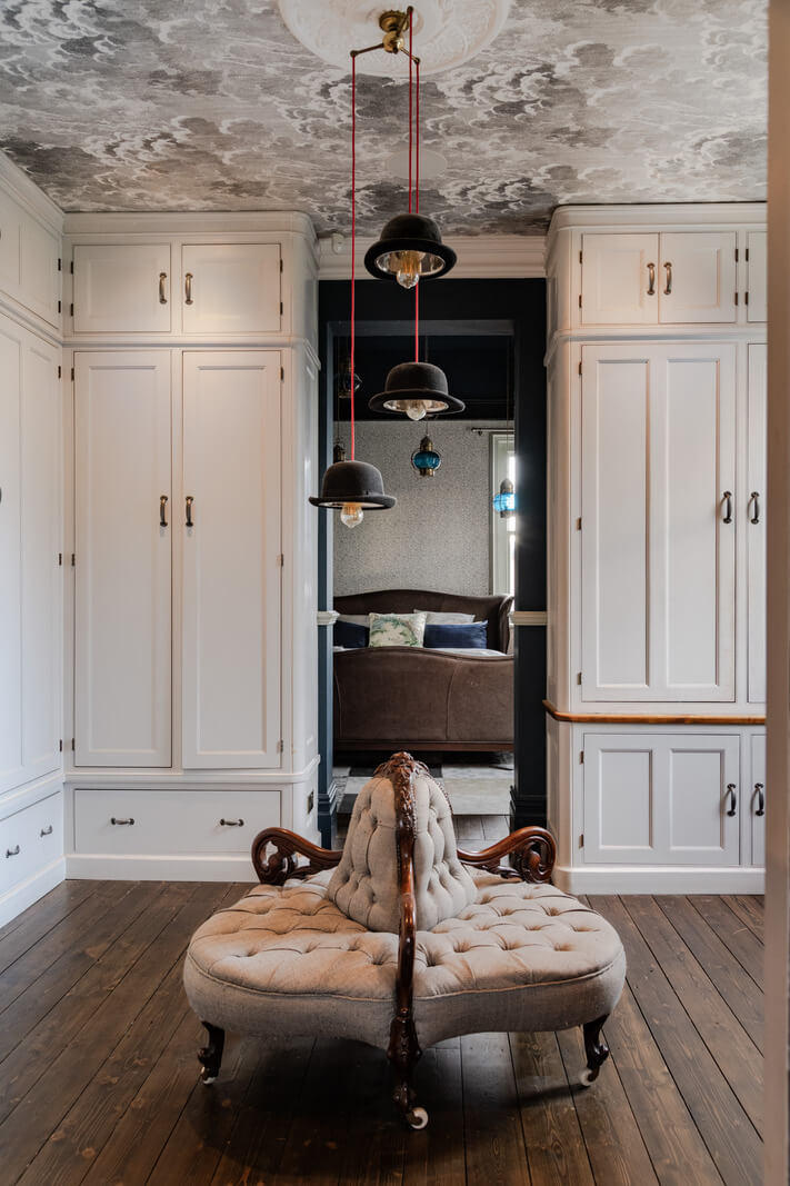A Grand Victorian Villa in Manchester with Bold Interiors 24 wardrobe room with wallpaperd ceiling nordroom