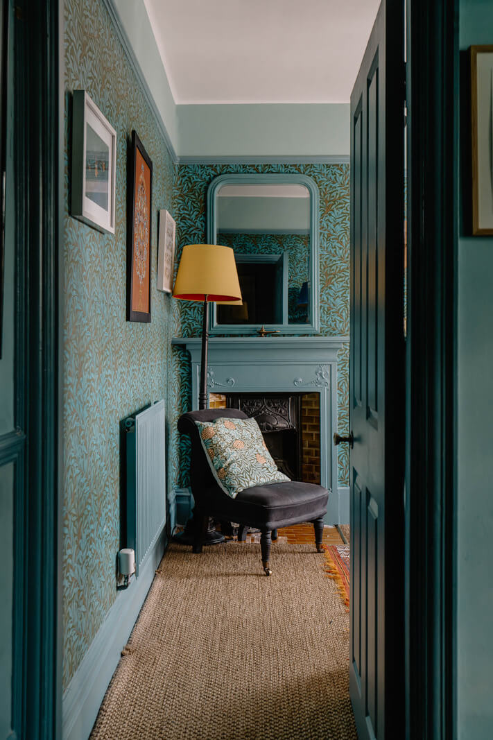 Moroccan-Inspired Designs in a Unique Artist Family Home in London 33 bedroom green wallpaper
