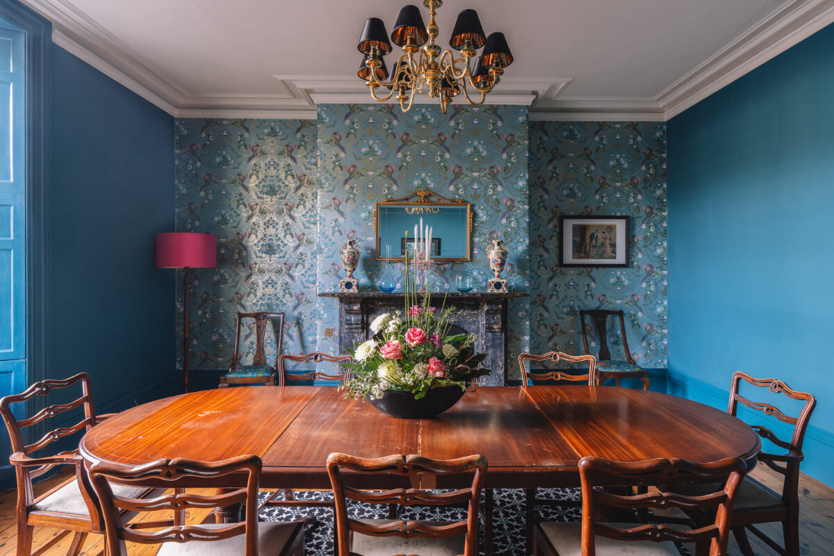 Colorful Rooms in a Regency Manor House in Yorkshire 5 blue dining room wallpaper fireplace