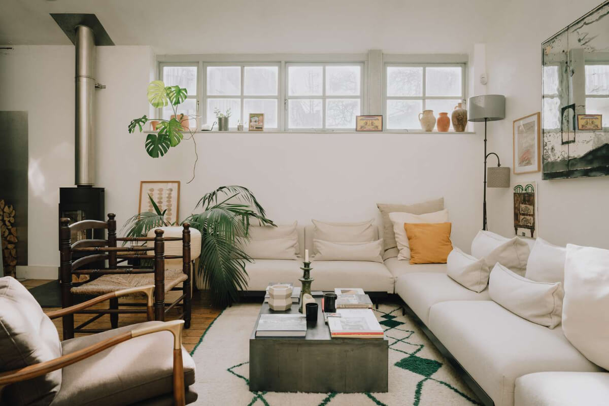 A London Basement Apartment in a Former Wood Workshop 5 cozy white living room large rug