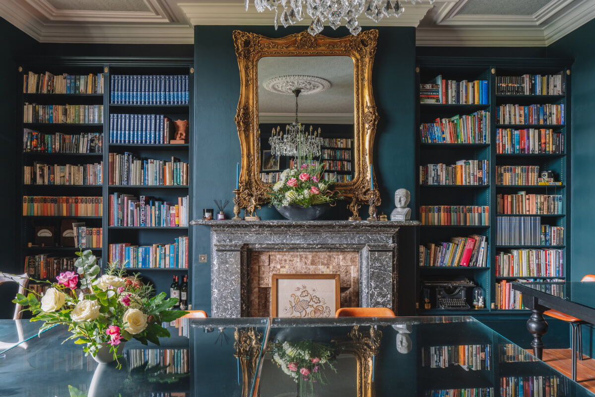 Colorful Rooms in a Regency Manor House in Yorkshire 4 library room dark blue walls fireplace
