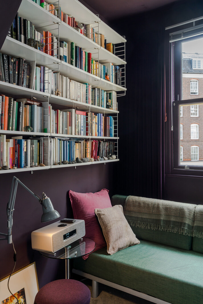 A Narrow Five-Story House with a Roof Garden in London's Clerkenwell 10 narrow deep purple living room