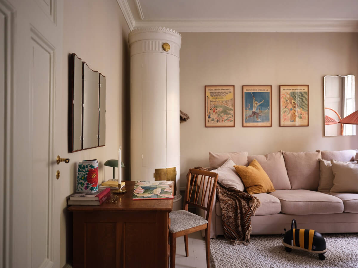 tiny living room with antique desk