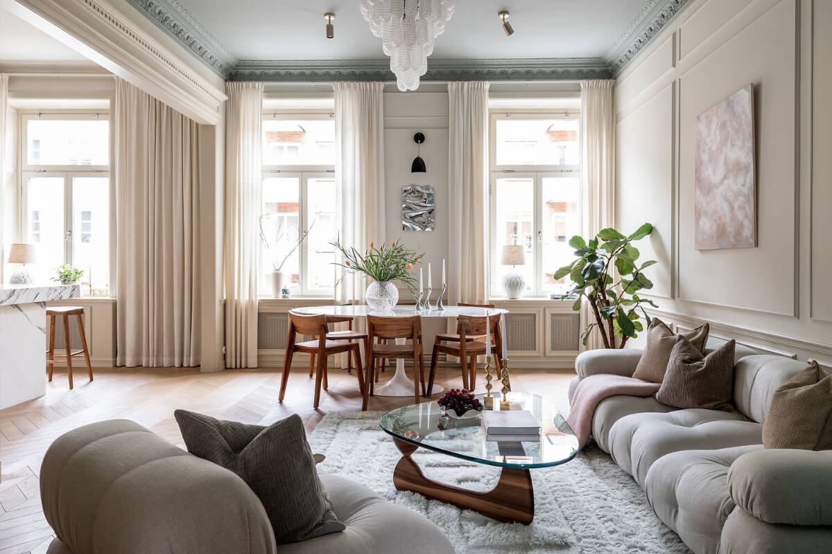 open plan scandinavian living space large windows