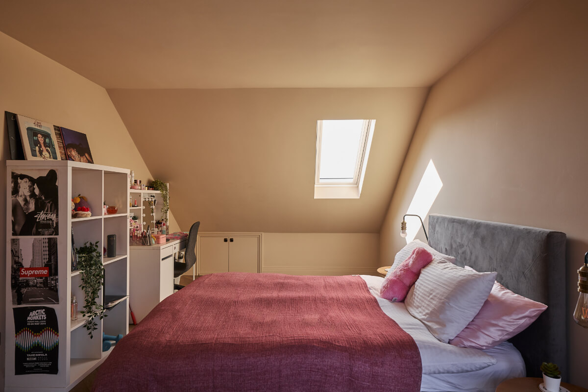 A Beautiful Extended Edwardian House Blends Period Features with Modern Design 28 pink walls attic bedroom