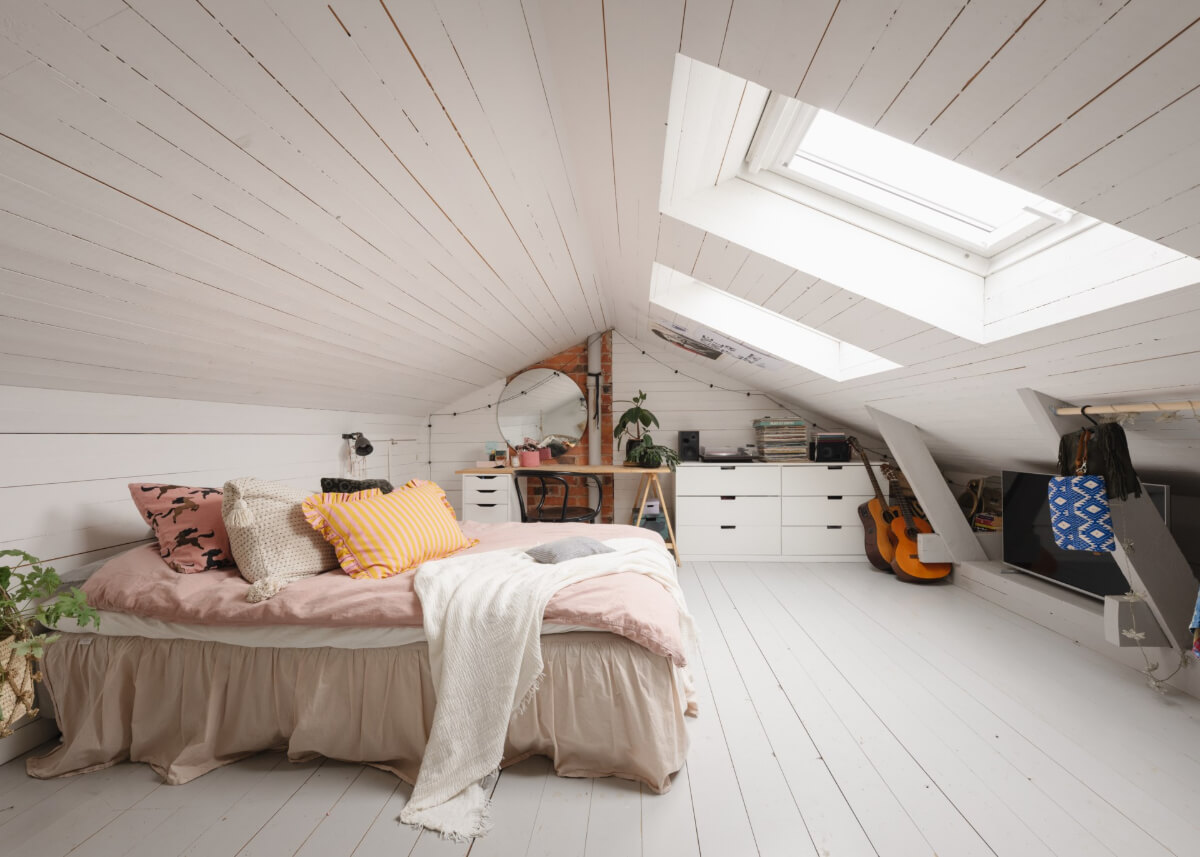 An Amazing Swedish House with Pink and Gray Rooms 31 white loft bedroom desk skylight