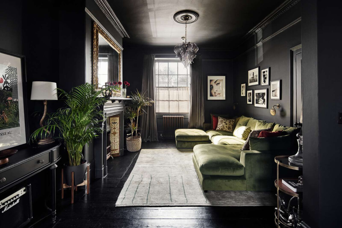 Light and Dark in a Spacious Victorian Townhouse in London 1 black living room green velvet sofa
