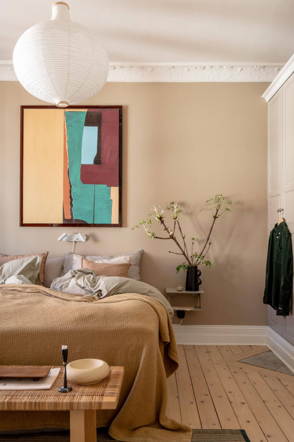 A Natural Color Palette, Period Features, & Grand Rooms in a Swedish Home 12 dark beige bedroom wooden floorboards