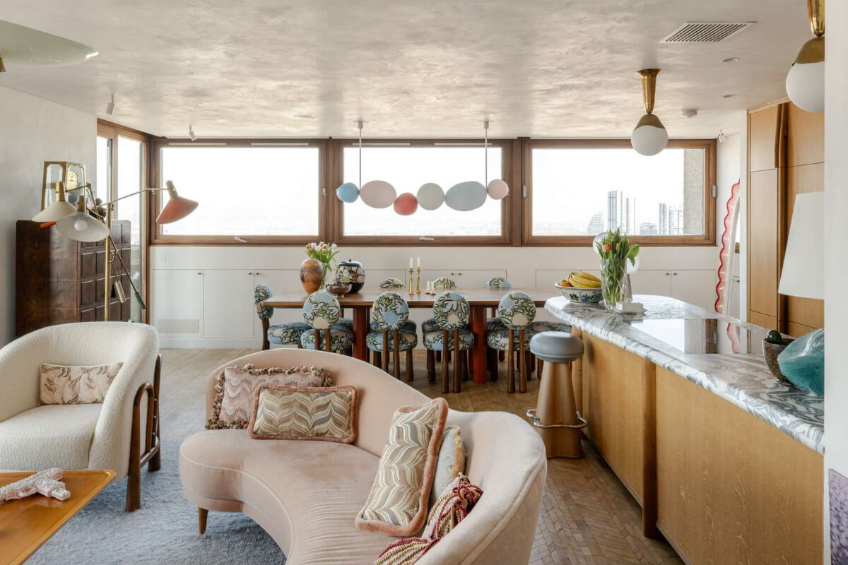 Oak and Marble in a Spectacular Brutalist Apartment in London 6 eclectic open plan living space