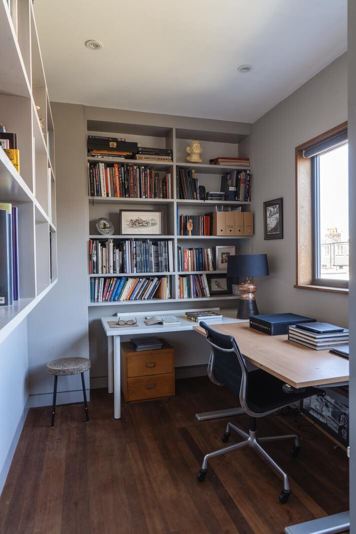 An Edwardian House with Muted Tones, Natural Materials, and a Landscaped Garden 18 home office built-in bookshelves