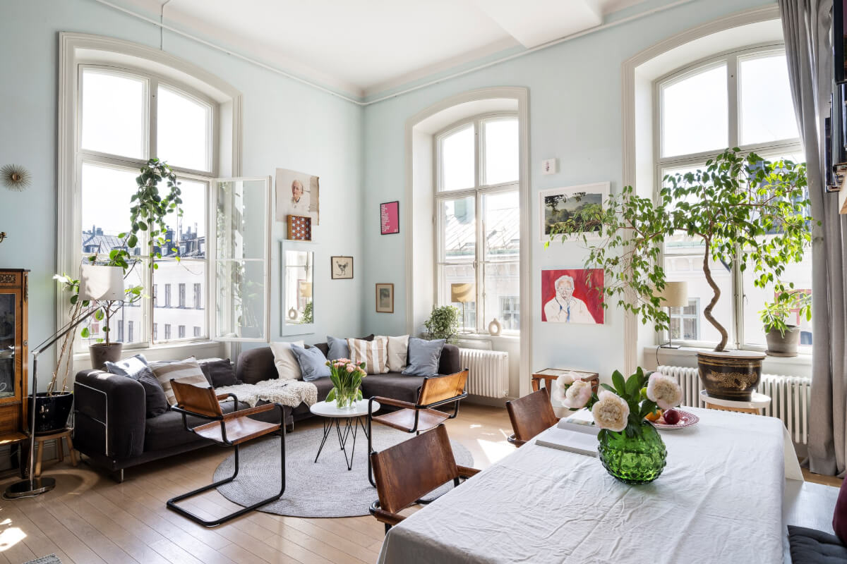 Pale Blue Walls and Huge Windows in a Swedish Loft Apartment 1 light blue walls living room loft apartment
