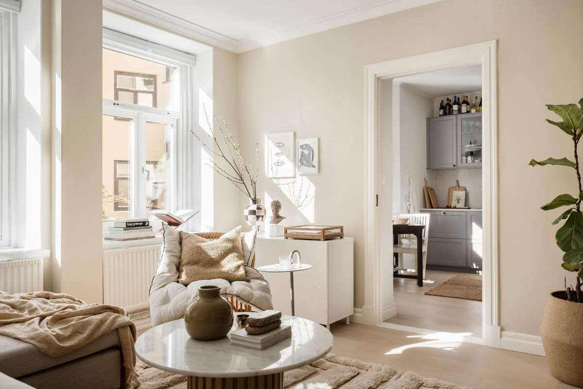 A Bright One-Bedroom Apartment with a Large Balcony 10 living room open doorway to kitchen