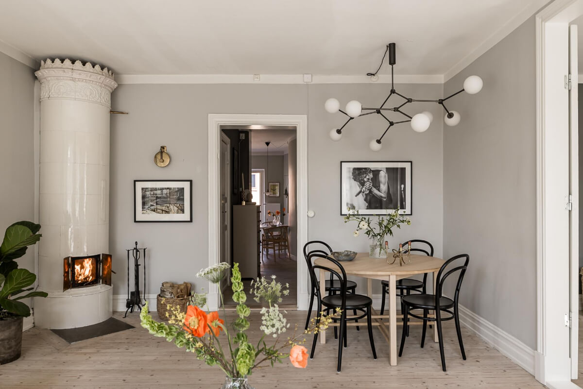 Gray Tones and a Classic Kitchen in a Swedish Apartment 6 living room table fireplace