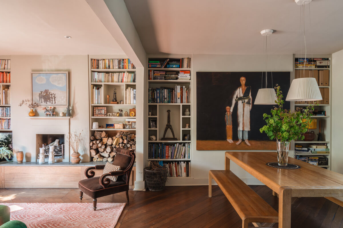 An Edwardian House with Muted Tones, Natural Materials, and a Landscaped Garden 2 open plan living space wooden dining table