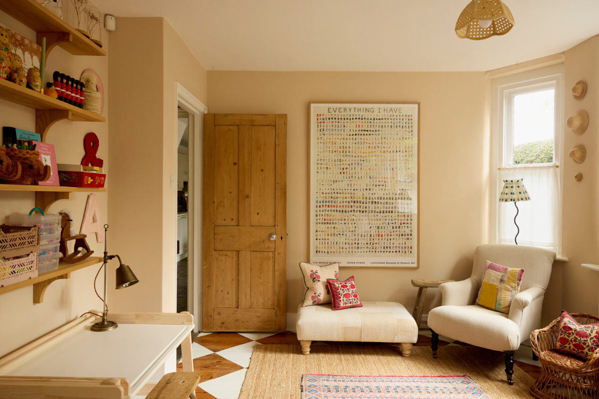 Natural Colors and Materials in a Beautiful Arts and Crafts House 12 beige walls sitting room checkerboard floor