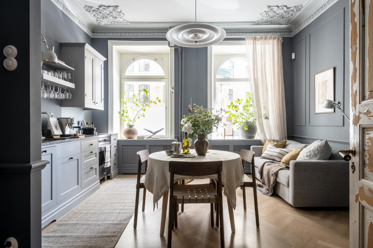 A Blue Studio Apartment with Unique Stucco and Site-Built Storage 1 blue studio apartment period details