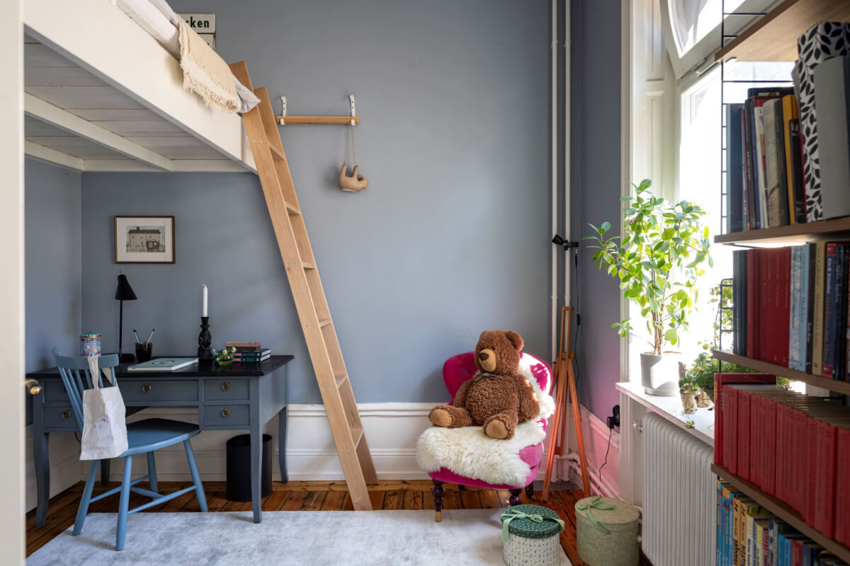 Wallpapers and Blue Tones in a Cozy Turn-of-the-Century Home 24 kids bedroom loft bed blue-gray walls